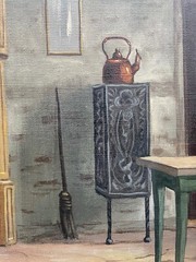 Oil Painting Farmhouse Interior Bed Grandfather Clock Oven Copper Cauldron Broom Table