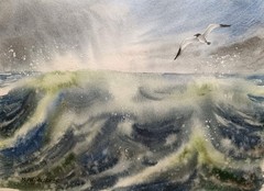 BIRD SEAGULL SEA WAVE SKY Original Art Modern Painting Landscape Seascape GiftA4