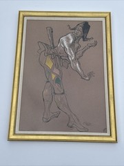 Mid Century Painting JESTER MAN MEN ANTIQUE 1940’S SIGNED MYSTERY MODERNIST