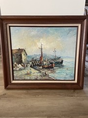Nautical Oil Painting on Canvas Fishing Boats Moored By a Rustic Dockside Shack