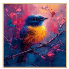 Blue and Yellow Bird Art in Red Background Flat Rolled, Framed or Wrapped Canvas