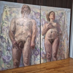 2 Original Contemporary Figurative Matching Oil Paintings Unsigned Nude Couple