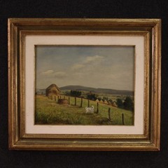 Signed painting artwork oil on board bucolic landscape art 20th century