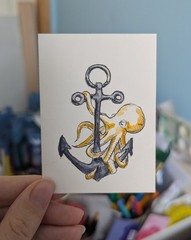 ACEO Original, Anchor and octopus, 2.5″x3.5″, watercolour and ink on paper