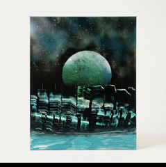 Modern Abstract Outer Space Cityscape Planet Skyline Painting, Unframed