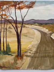 Vintage Watercolor Painting Red Estate Barn Country Road House Field 16″x 13″
