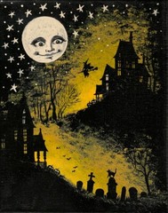 5×7 PRINT OF PAINTING RYTA HALLOWEEN WITCH HAUNTED HOUSE FULL MOON Folk Art 🌗