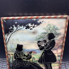 VTG Silhouette Painted Convex Glass Couple Picture 1940’s