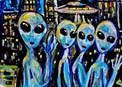 Original ACEO Painting ALIEN City Spaceship Stars Martian Universe UFO ATC ART