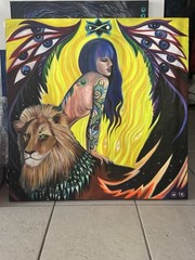Lion & Tattooed Woman – UV Surreal Fantasy Original Painting by Mellissa Escolas