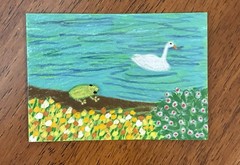 Aceo Original Acrylic Swan & Frog Painting 2.5 X 3.5”. ~ Friends
