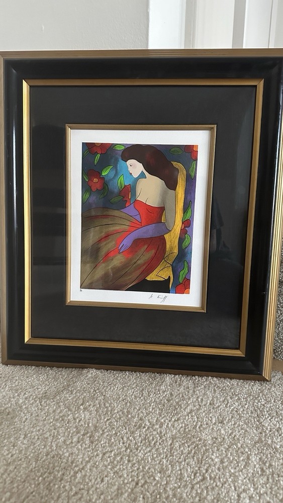 LINDA LE KINFF ORIGINAL PAINTING WOMAN RED DRESS SIGNED FRAMED COLORFUL