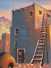 90’s 12×16 Signed Oil Painting ‚W. Zeller‘ Southwest/Adobe Houses Cactus Sunset