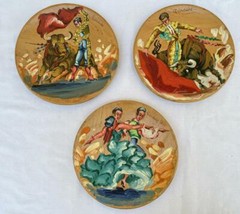 3 Tibidabo Spain Vtg Wood Painted Plate Flamenco Dancers Bull Fighters