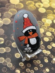 Penguin with Snowballs Wearing Winter Scarf and Hat, Painted Rock, Stone Artwork