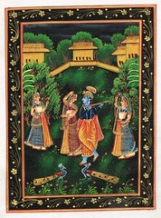 Hand Miniature Painting Of Krishna Playing Flute With Goddess Radha 10×13 Inches