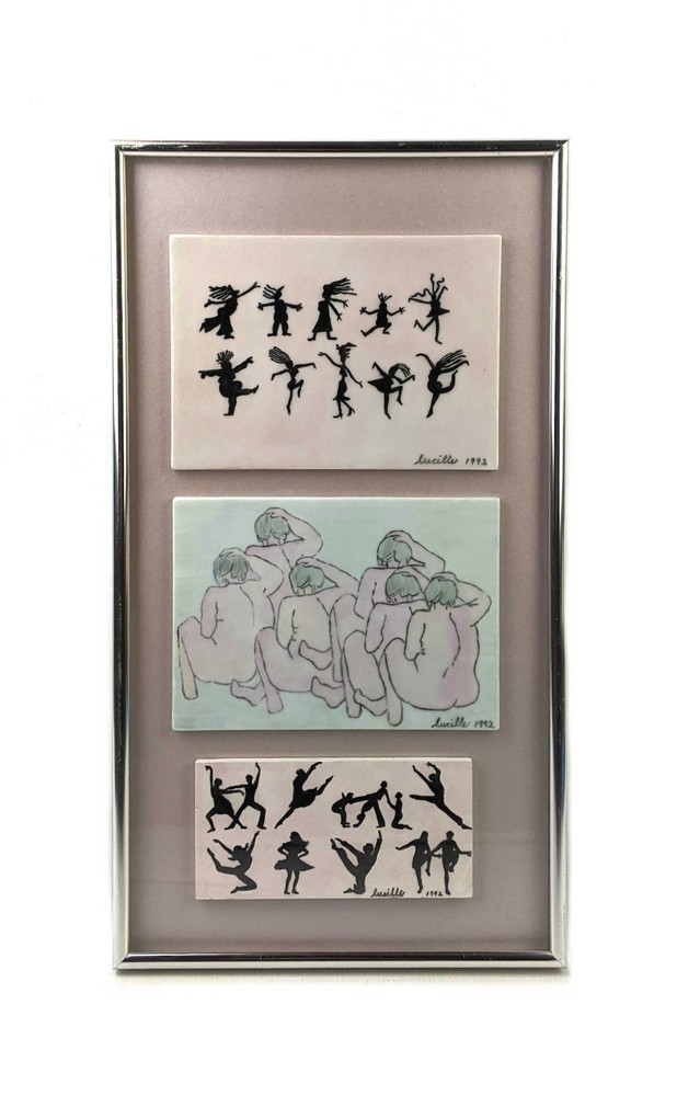 Vintage Abstract Modern Art Tile Painting Dancers Signed Lucille
