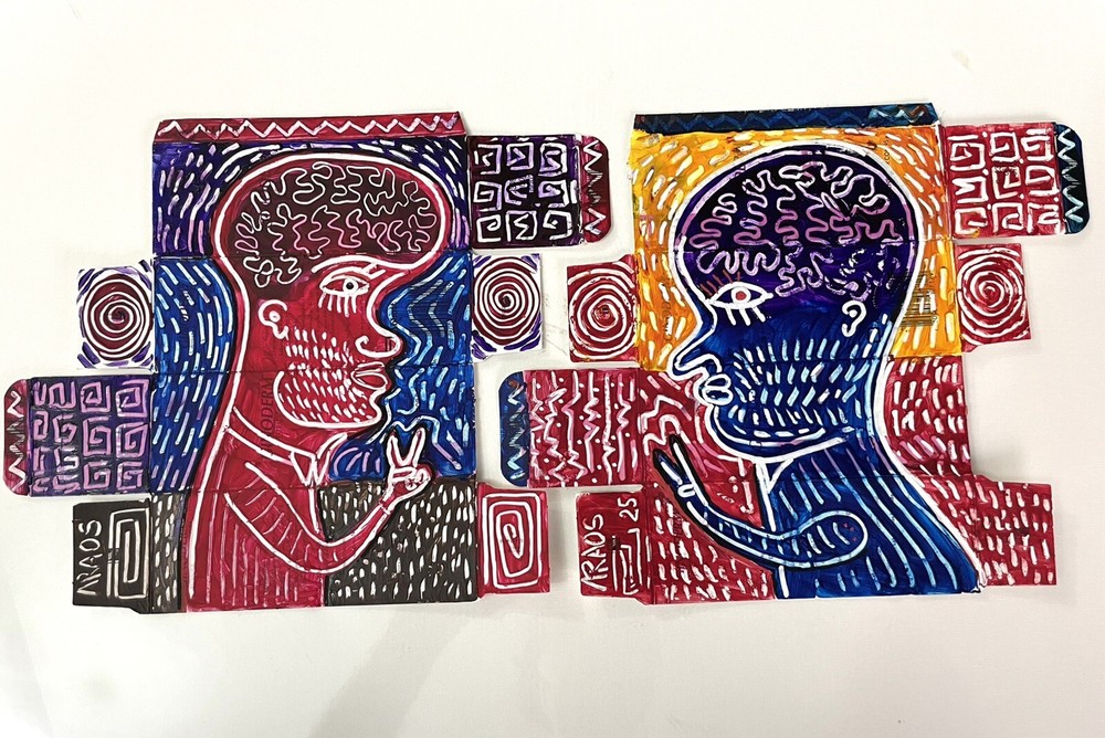 Two Painting Outsider Art Brut Araos Artwork DRAW on Recycled Box EN PAZ