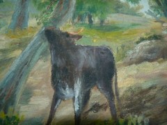 Antique/Vintage European Signed Oil Painting Cows Grazing in Woods 40.5 x 57.5cm