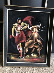 Vtg 70’s Velvet Oil Painting Matador Bull Bullfight Framed 19” X 15” Signed FG