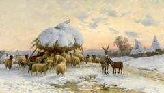 Art Oil Painting on Canvas sheep eat hay in sunset winter landscape with snow