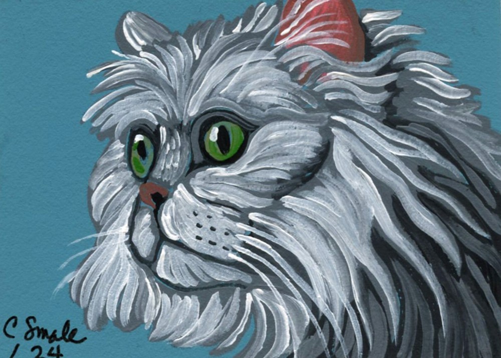 ACEO ATC Original Painting White Persian Cat Pet Art-C. Smale