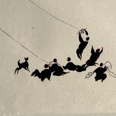 Zhang Shi-Pei Chinese Ink Paintings Lot of 4 Village Life Geese & Kites