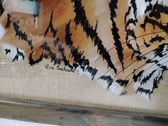 Vintage Art Reverse Glass Painting Of Tigers Head Frame 16”x14” Signed By Artist