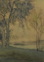 Vintage Watercolor Of A Landscape of Dusk Along A River With A CW Monogram