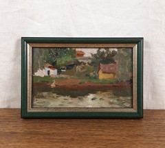 Vintage Ukrainian Oil Painting Village River Landscape 1960s Framed