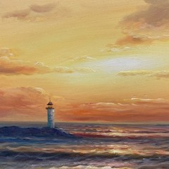 Oil Painting 20×24″ Ocean waves under sunset, seagulls flying, lighthouse