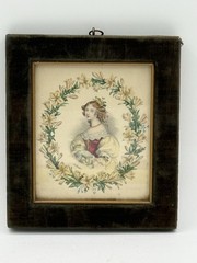 Antique 19th Century Hand-Colored Lithograph “ The Lilly Green Velvet Frame