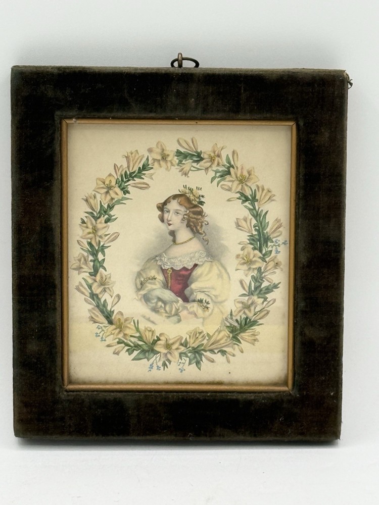 Antique 19th Century Hand-Colored Lithograph “ The Lilly Green Velvet Frame