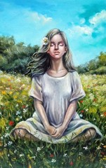 Original Painting Meditation Woman and Nature Artwork, Woman Portrait, Ukraine