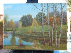 LANDSCAPE RIVER REALISM OIL CANVAS ORIGINAL PAINTING SOVIET RUSSIAN ART SIGNED