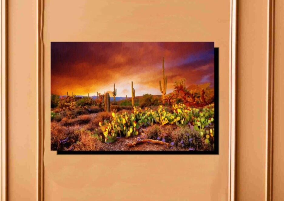 Arizona Desert Oil Painting With cactus & Stunning Sunset 16 x 24 ready To Hang