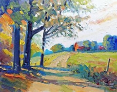 Red Barn Impressionist oil painting Landscape trees farm road Fall colors