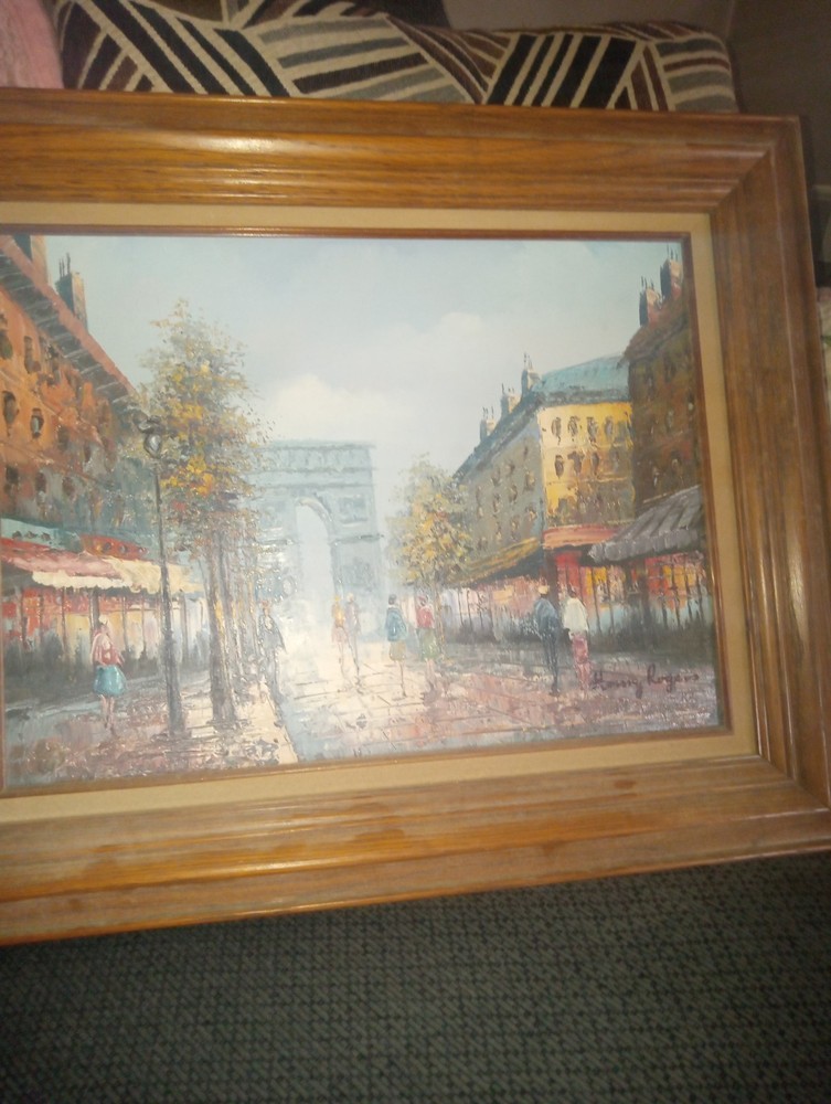 Henry Rogers Signed Oil Painting Paris Street Scene Café Vintage 11×16