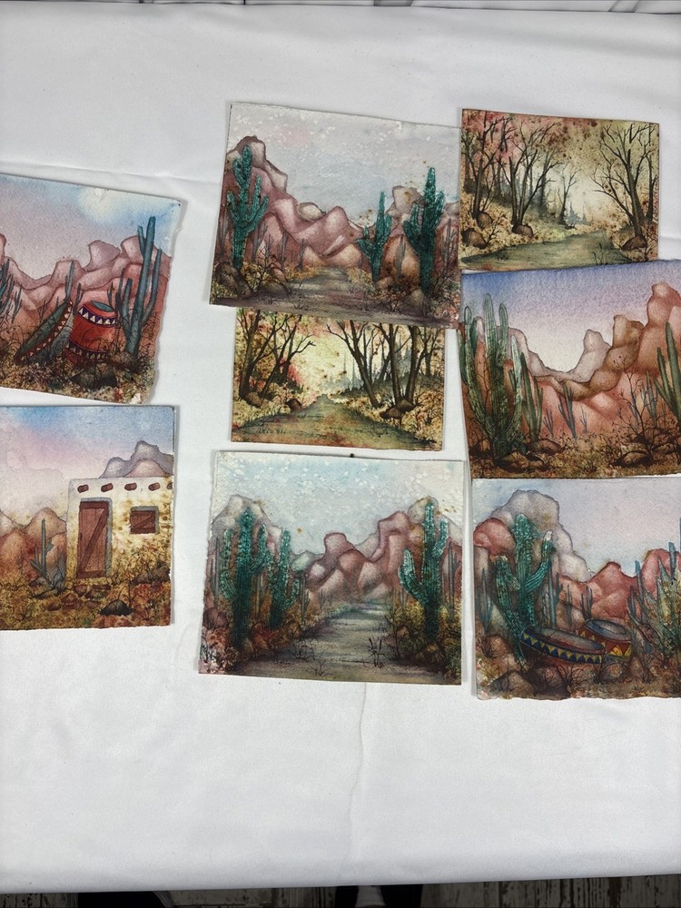 Set Of 8 Southwest Style Water Color Paintings 3×3 To 5×5 In Size Original