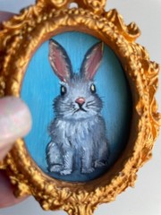 Original Mini Rabbit Oil Painting Cute Bunny Portrait Ornate Gold Baroque Frame