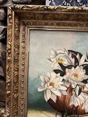 Victorian Aesthetic Water Lily Floral Still Life Oil Painting Gilt Gesso Frame