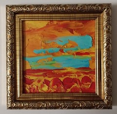 Framed Abstract Poppy Field Sunset Landscape 4×4” Impasto Oil Painting Original