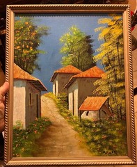 Vintage Artist Signed Rural Path Homes Landscape Path Trees Art Oil Painting