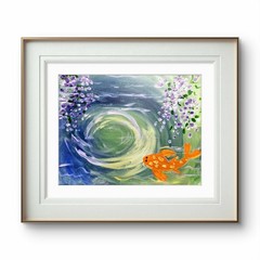 Koi Fish Pond with Wisteria Reflection Acrylic Painting 11×14