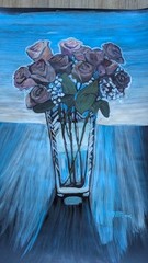 Roses Alight Original Acrylic on Black Paper RAMfish Artist Crystal Vase 34x23in