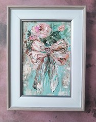 Original Oil Painting Pink Bow and Rose Art Miniature Signed Art 6×4 in