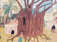 Anne Bentley Large Native Folk Art Watercolor Ink Painting Boston Massachusetts