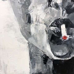 Original Smoking Woman Oil Painting Abstract Female Portrait Black and White Art