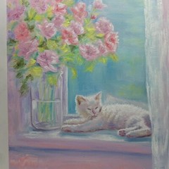 Cat Flowers Original Oil Hand Painted Signed Wall Art Decor Gift Ukraine Artist