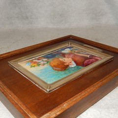 Vintage RENOIR Enamel Copper Young Woman Sewing Painting Matted Silver Frame Art